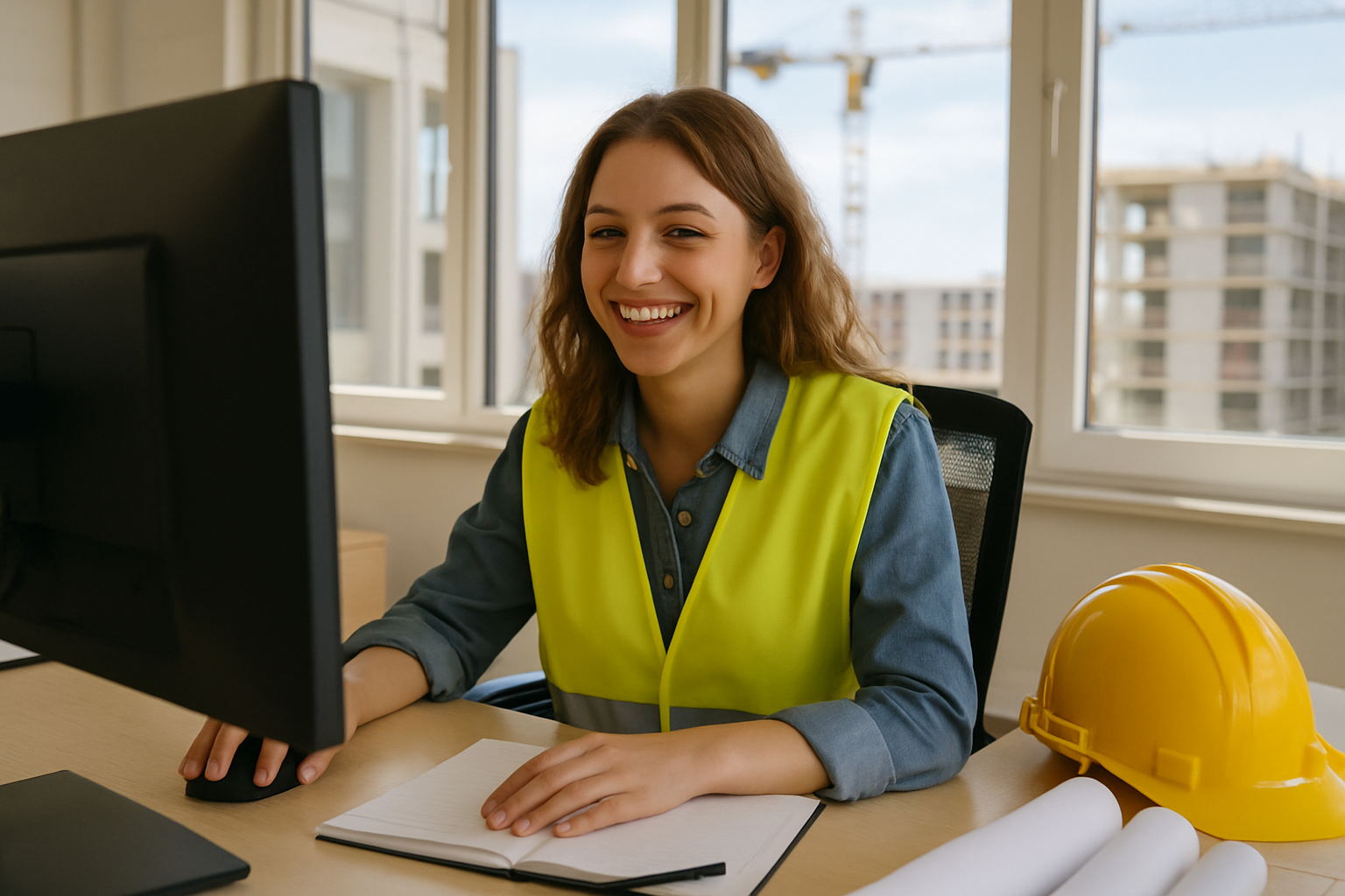 photographic Lady smiling at her desk in front of her computer doing work in a light filled construction office-1